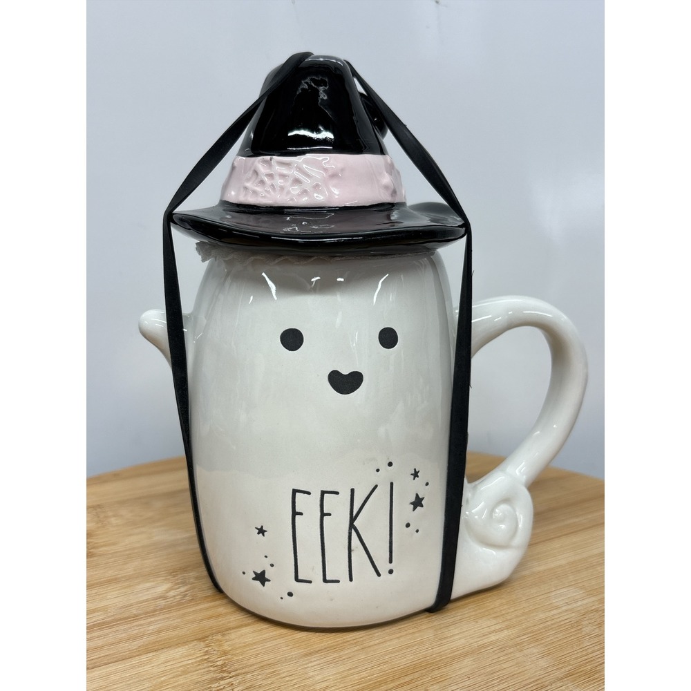 Rae Dunn Ceramic Mug EEK! Halloween Ghost With Witch Hat‎ Lid 2024 Decor NEW